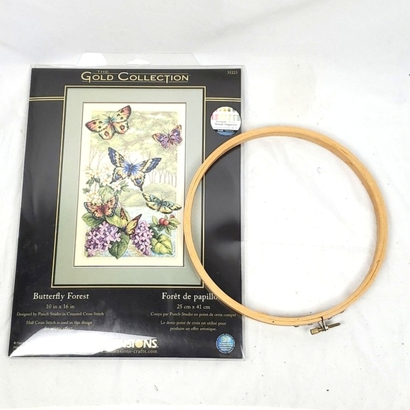 New The Gold Collection Butterfly Forest Cross Stitch Kit and Embroidery Hoop - Picture 1 of 7
